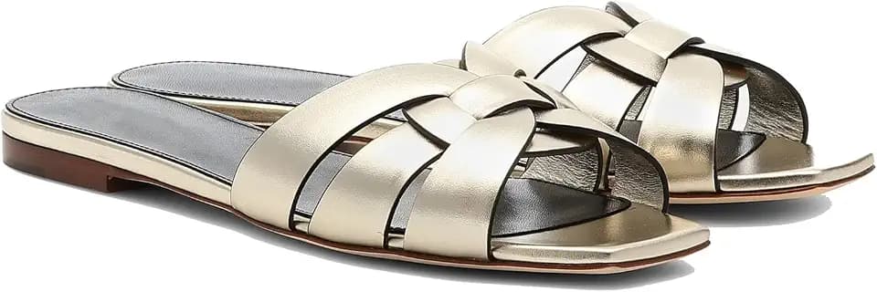 THESHY Women's Flat Sandals Square Toe Patent Leather Comfortable Slip on Slippers Casual Summer Dressy Beach Slide Sandals for Women