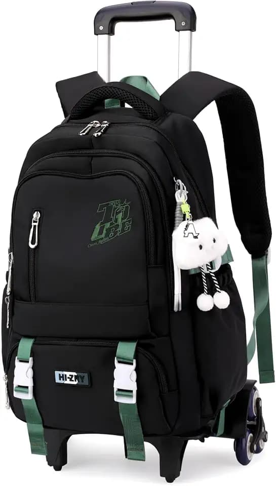 Black Rolling Backpack for Girls Boys Elementary Middle School Bags, Kids Wheeled Boys Girls Backpack with 6 Wheels, Black
