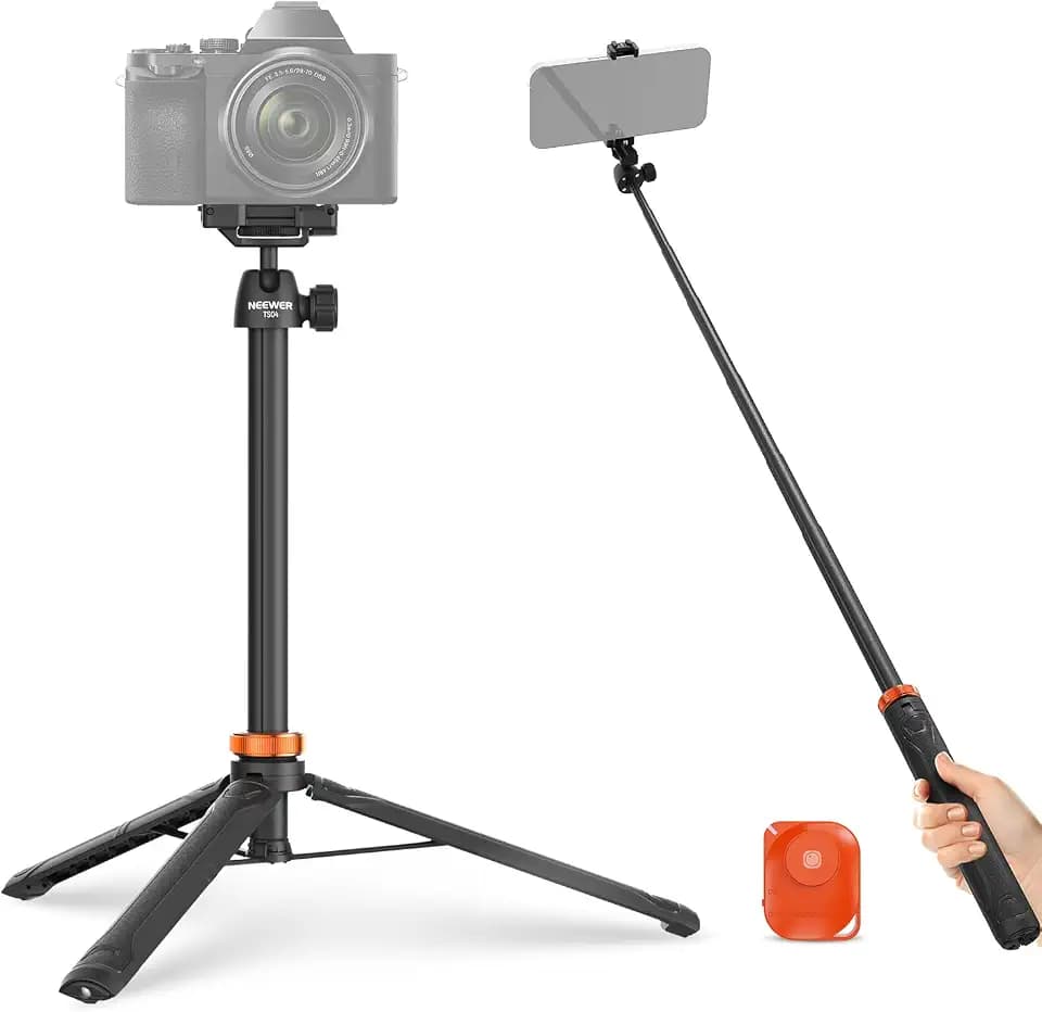 NEEWER Basics 59" Selfie Stick Stativ Kompatibel mit iPhone & DLSR Kamera, Kleines Metall Kompaktes Tragbares Reisestativ mit Fernbedienbarem Kugelkopf 2 in 1 Handyhalterung für Videoaufnahmen, TS04