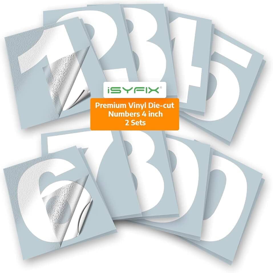iSYFIX White Vinyl Numbers Stickers, 4 Inch, 2 Sets, Self Adhesive