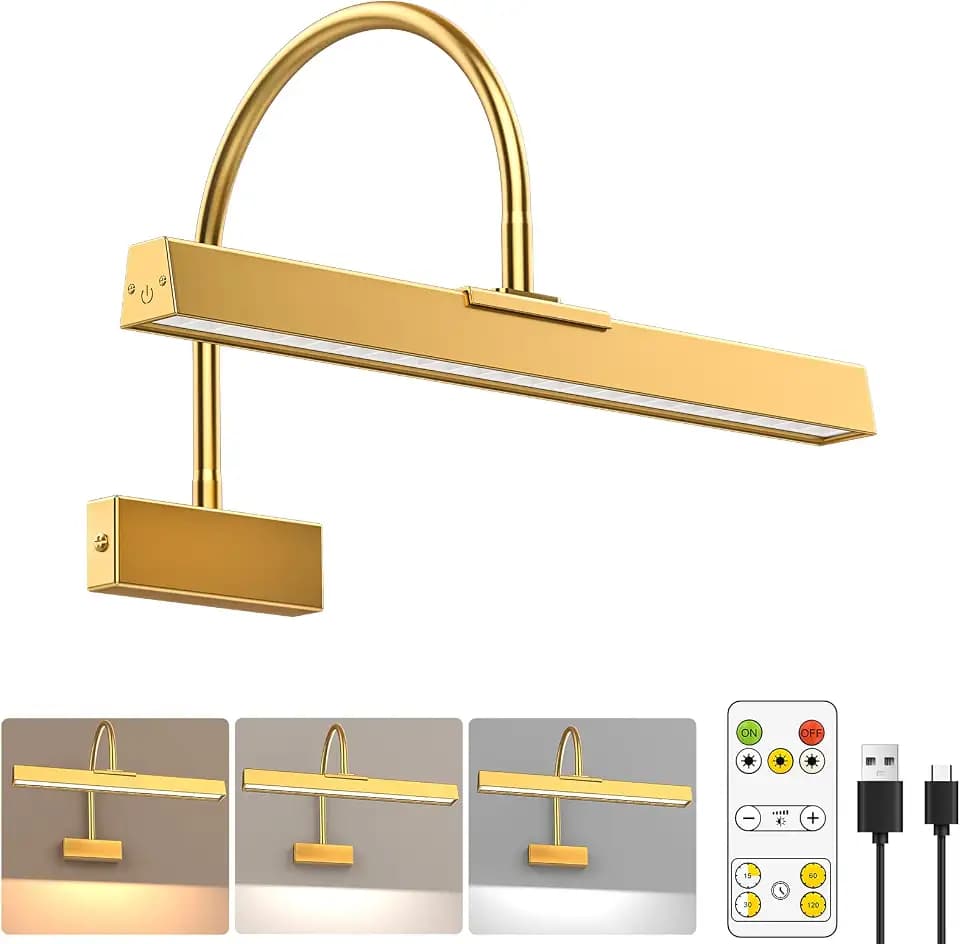 Bilderrahmenleuchte mit Fernbedienung, Kabellos 16 Zoll Gold Kunst Licht, Batterie Bilderleuchten mit 3 CCT, Dimmbar und Timer Wandbilderleuchten für Malerei, Wand, Galerie, Kunstwerk, Rahmen