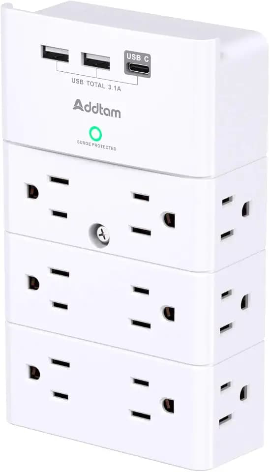 Addtam Outlet Extender with 12 AC Outlets and 3 USB Ports (1 USB-C), White