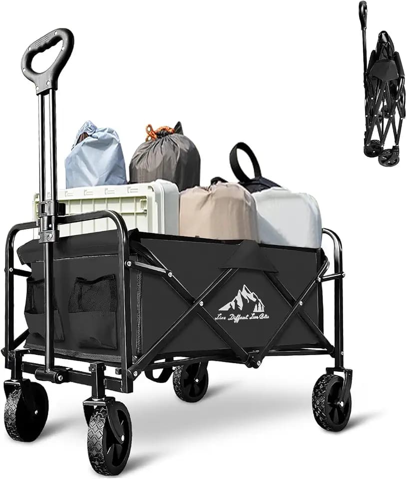 Collapsible Utility Cart Folding Wagon, 320lbs Capacity Lightweight Rolling Cart with Quiet Wheels, Quick-Fold Design for Camping, Shopping, Ourdoor Use, Black