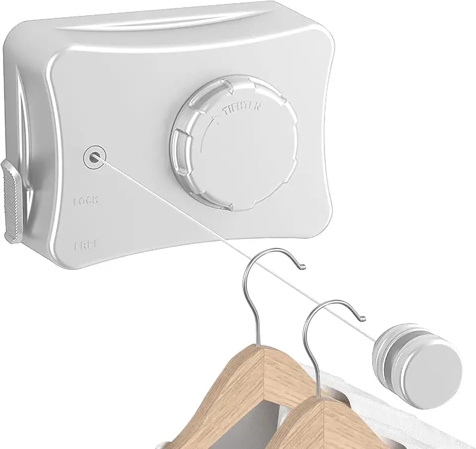 Ausziehbare Wäscheleine, 5.1m Einziehbare Wäscheleine, Ausziehbar Wäscheleine, Wandmontage Wäscheleine, Wäscheständer mit Edelstahlseil Lagergewicht 20kg, Verhindert Durchhängen(Weiß)