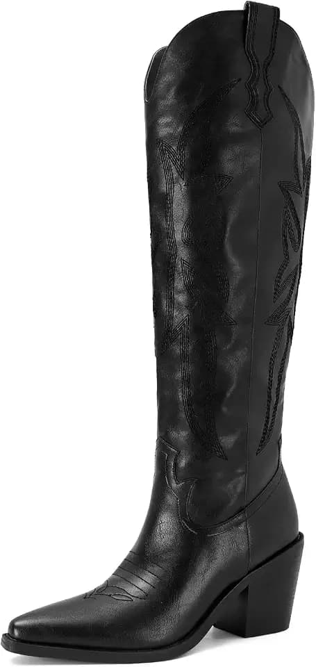 SOVANYOU Cowgirl Boots Knee High Cowboy Boots for Women Classic Embroidered Pull-On Western Boot Pointed Toe Block Heel Tall Boot