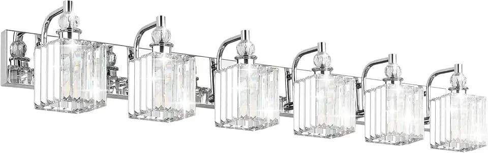 Ralbay Crystal Vanity Light 6 Light 48''Modern Chrome Bathroom Vanity Lighting Over Long Mirror Crystal Bathroom Wall Lighting Fixtures