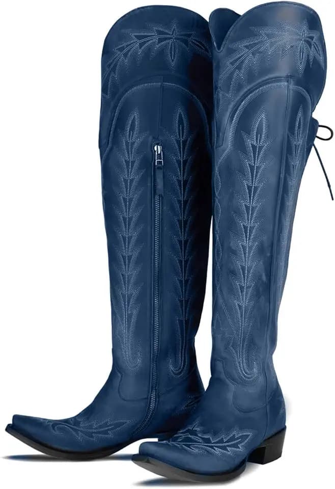 Atuelang Cowboy Boots for Women Thigh High Cowgirl Boots Wide Calf Western Embroidered Over The Knee Boots