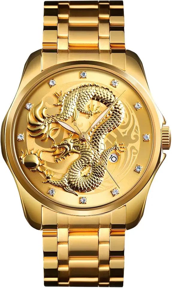 Herren Fashion Luxus Analog Quarz Casual Uhren Edelstahl Datum Drache Muster Armbanduhr