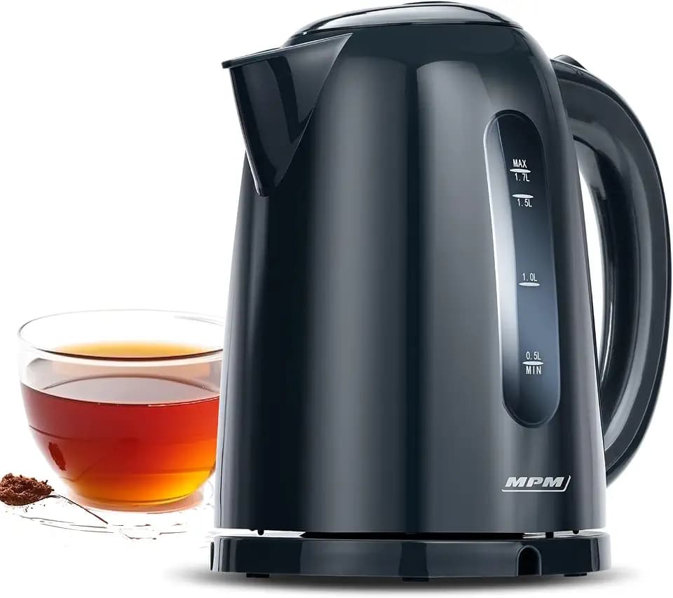 MPM MCZ-85/G1 Elektrischer Wasserkocher, Fassungsvermögen 1,7 Liter BPA frei, Kabellos 360° Drehbasis, Anti-Kalkfilter, Automatische Abschaltung, Schwarz, 2200W