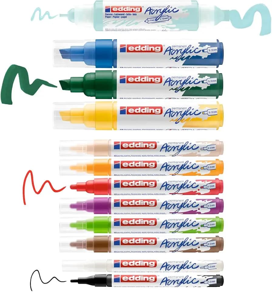 edding Creative Set - Acrylstifte wasserfest fein, medium, breit und 1x Acryltube, inkl. Malblock - 12 Acrylfarben Set (basic) - Acryl Farben zum Malen auf Leinwand oder Holz - Acrylstifte für Steine