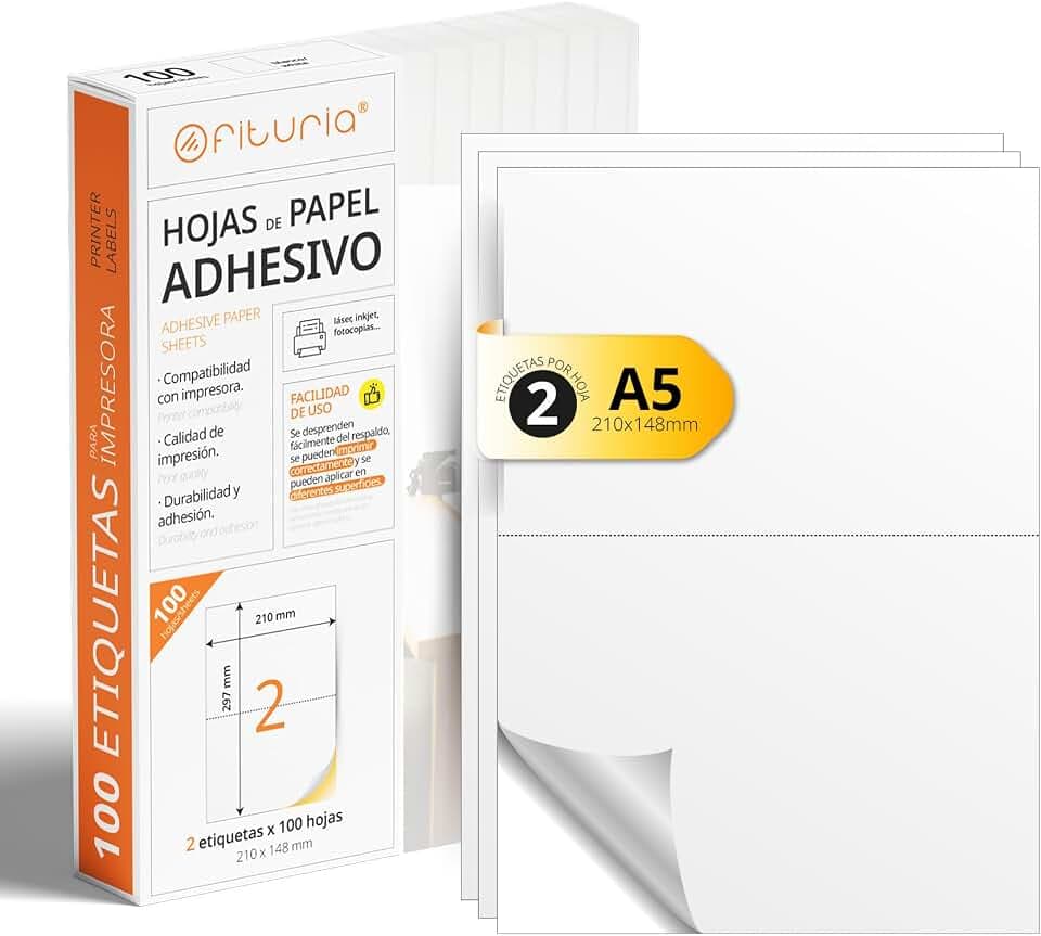A4-Bögen mit weißen selbstklebenden Etiketten, Erstellen Sie Ihre eigenen individuellen, Sicherer selbstklebender A4-Papier, Selbstklebendes Etikett zum Bedrucken - Ofituria (2 pro Blatt, 100 Bögen)