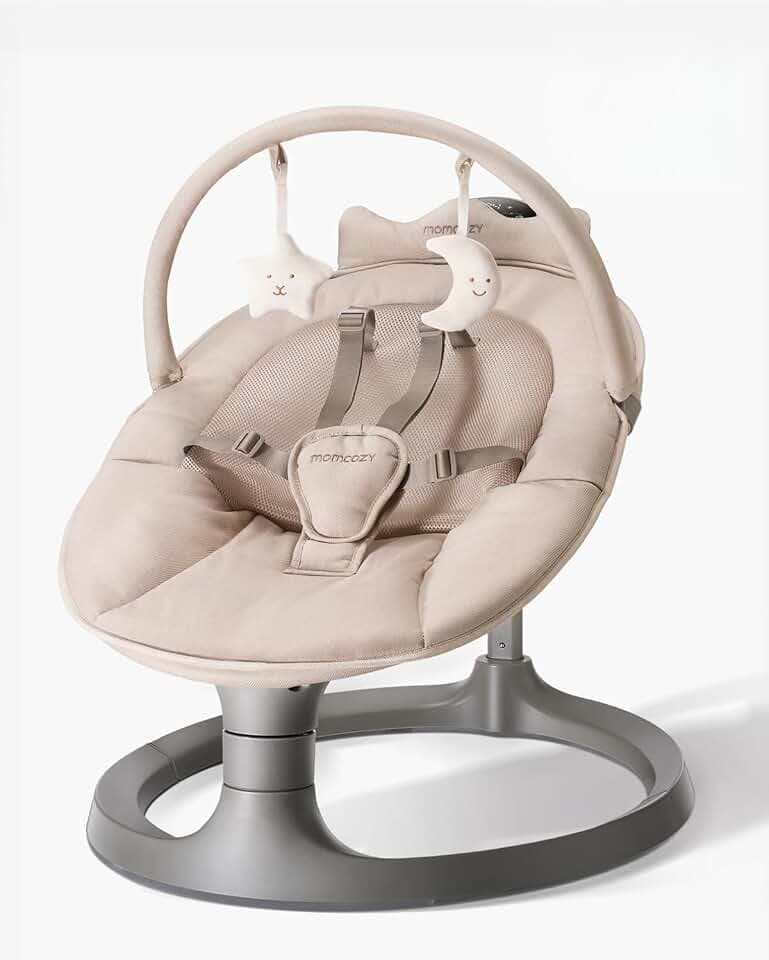 Momcozy 2-in-1 Elektrische Babywippe, 4 Bewegungen & 4 Geschwindigkeiten, Doppelarm-Struktur, 2 Liegepositionen, Wiegenlieder & Plüschspielzeug, Ab Geburt bis 30 kg, 0-6 Jahre