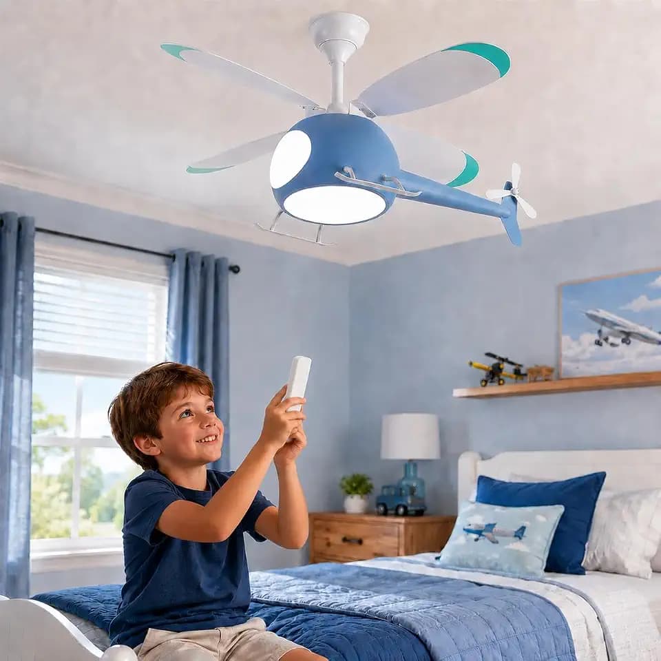 42 inch Children's Bedroom Ceiling Fan with Lights,Remote Control Speed,Dimmable Kids Room Cartoon Ceiling Fan Lamp,Creative Helicopter Mode Fan&Chandelier Boys Room Nursery Toys Room Blue