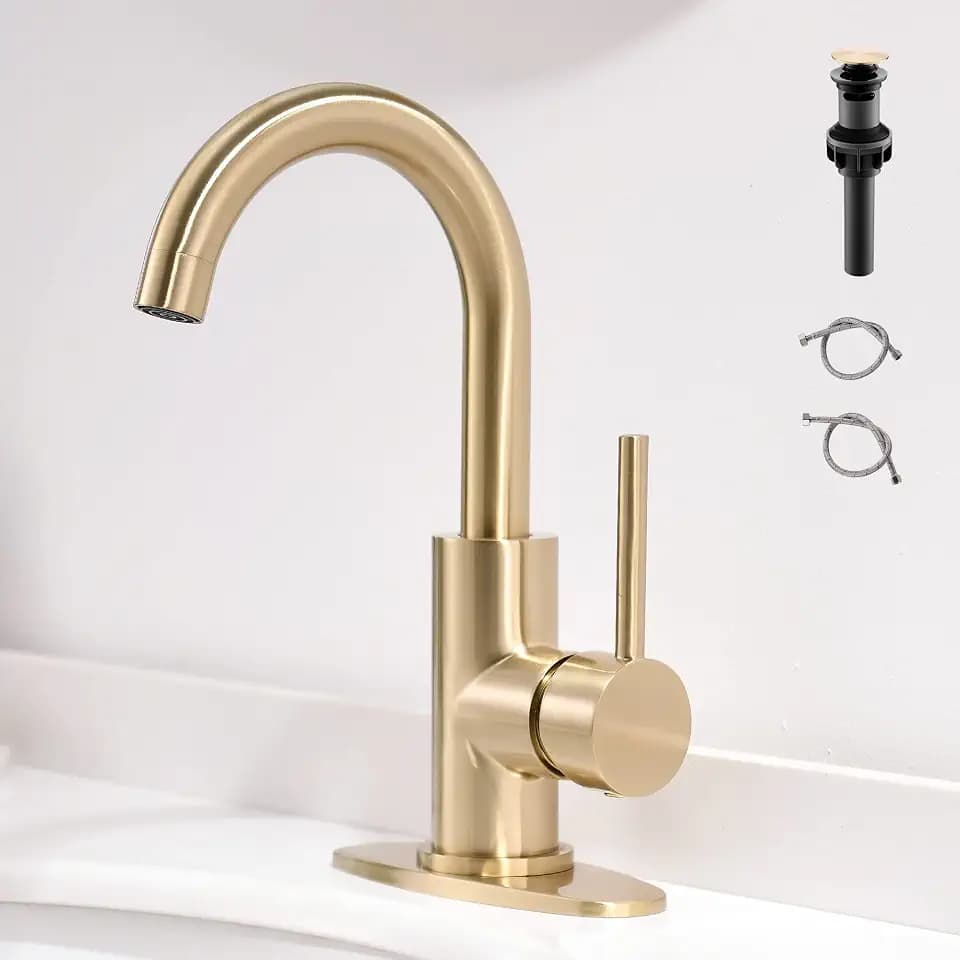 Gold Bathroom Faucets with Pop-Up Drain, Modern Single Hole Bathroom Sink Faucet with Deck Plate Single Handle Lavatory Faucets Brushed Gold Bar Vanity Faucet