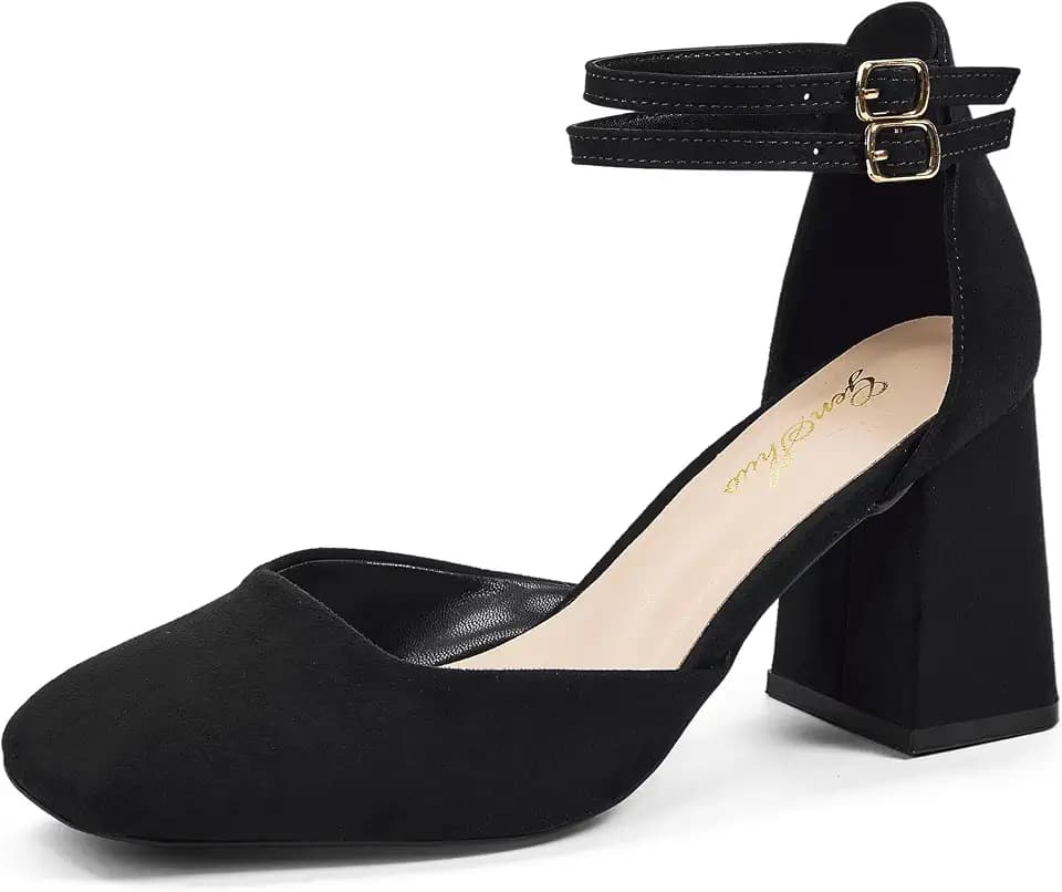 GENSHUO Damen-Absatzschuhe mit Blockabsatz, Doppeltem Knöchelriemen, Kantiger Spitze, Bequeme Elegante High Heels für Festkleidung