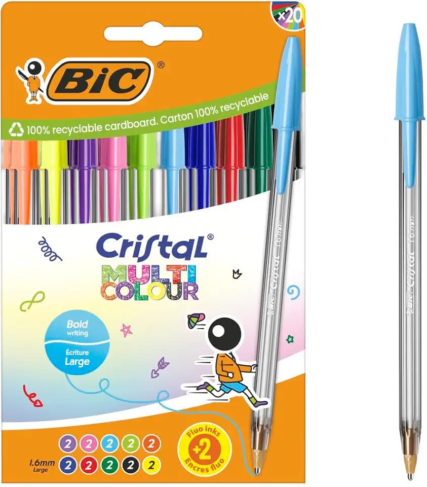 BIC Cristal Multicolour Kugelschreiber mit breiter Spitze (1,6 mm) – klassische Neonfarben und lustige Farben, 20 Stück