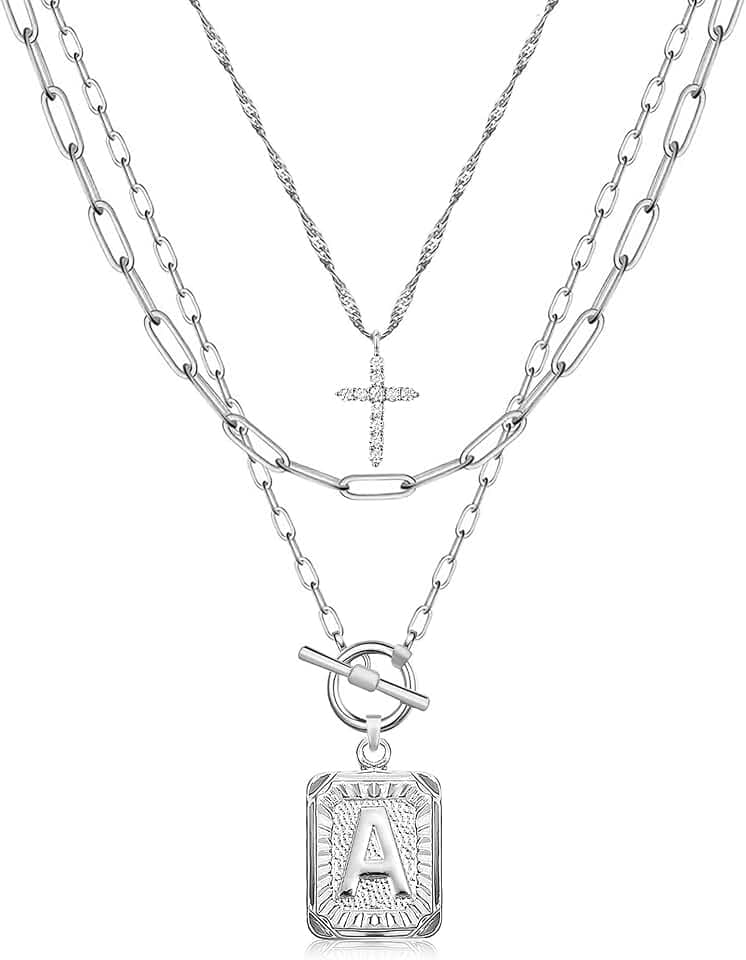 MJartoria Layered Initial Necklaces for Women Trendy, 14K Gold Plated Brass Simple Dainty Cross Choker Square Letter Pendant Necklace, Paperclip Chain Necklaces Jewelry