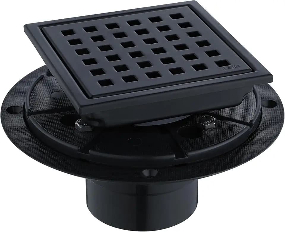 4-Inch Square Shower Floor Drain Matte Black with ABS Flange