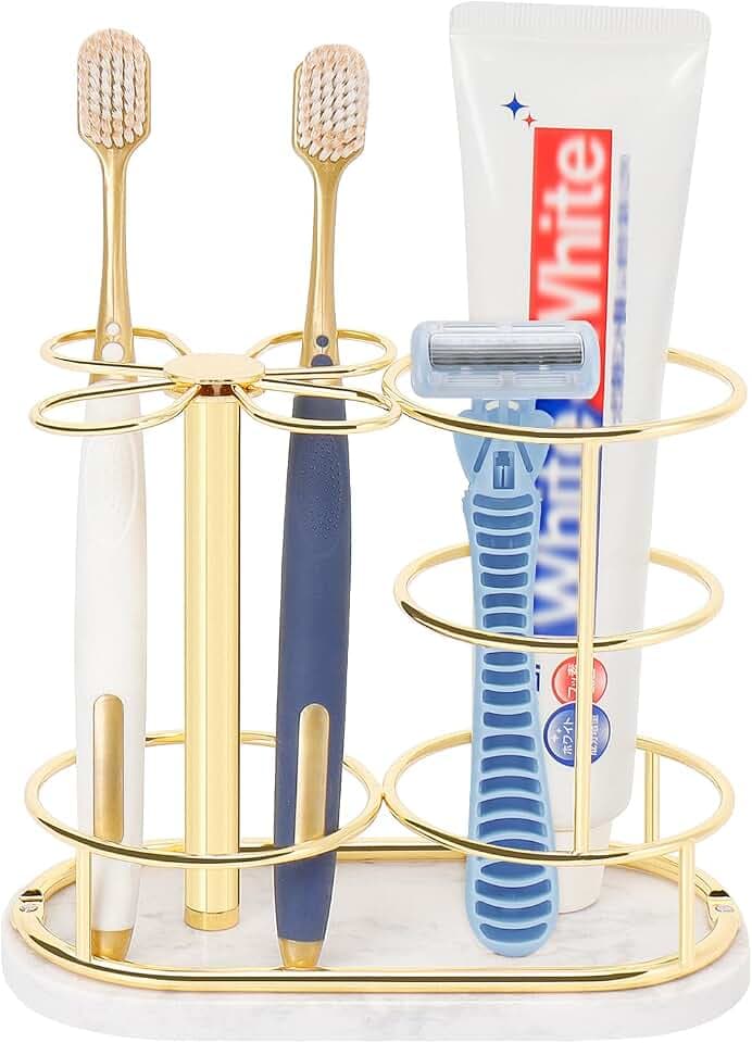 Toothbrush Holder Stand for Bathroom, Metal Toothbrush Organizer with Marble Base, Toothbrush Storage Collection for Family, Suitable for Home Hotel Countertop Vanity (Medium, Gold)