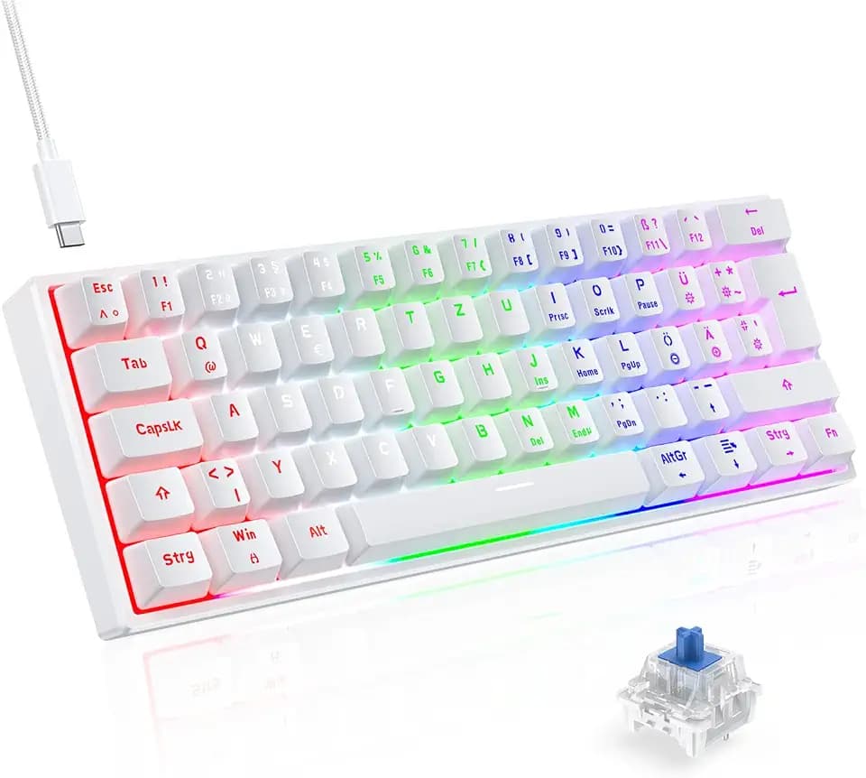 TECURS Gaming Tastatur, Mechanische Tastatur 60% TKL QWERTZ Blaue Schalter, Gamer Tastatur Kabelgebunden 61 Tasten für PC Windows/PS5/PS4, Weiß