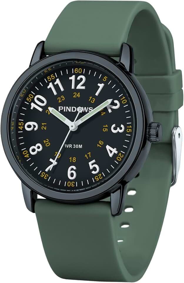 PINDOWS Analoge Armbanduhr Damen & Schüler, Silikonuhr, Wasserdicht