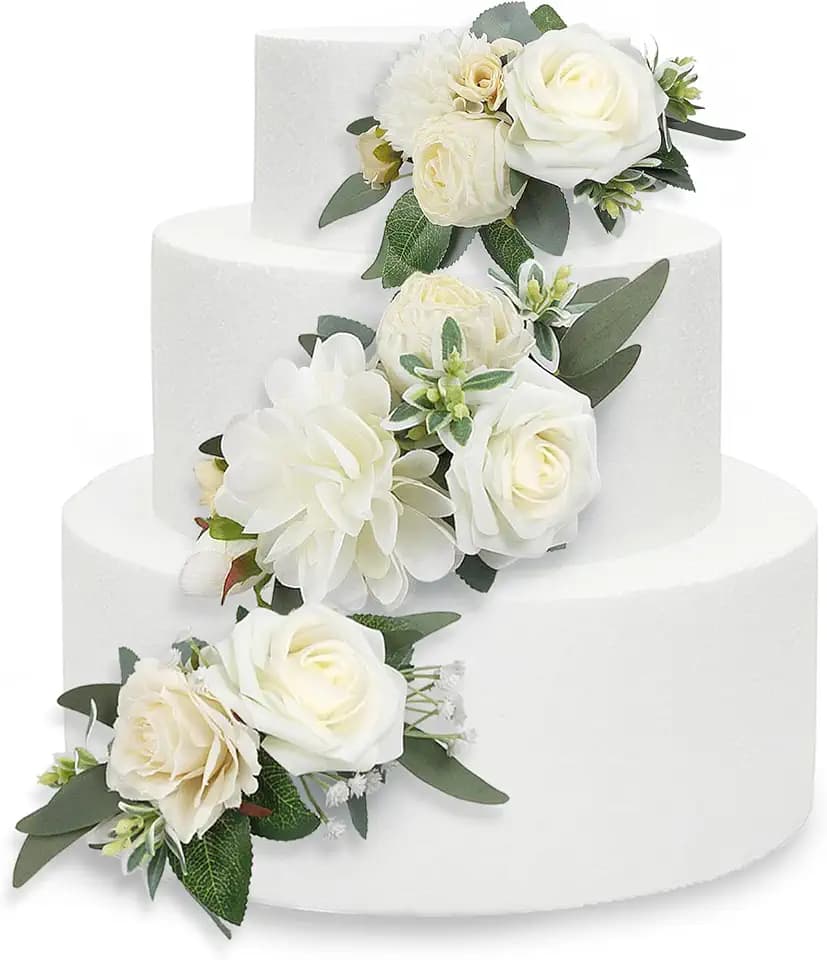 Rinlong 3Pcs Pre-made Cake Flowers Toppers White Green Cake Decorations Wedding Cake Decorating Flowers Decor Birthday Baptism Party Cake Topper