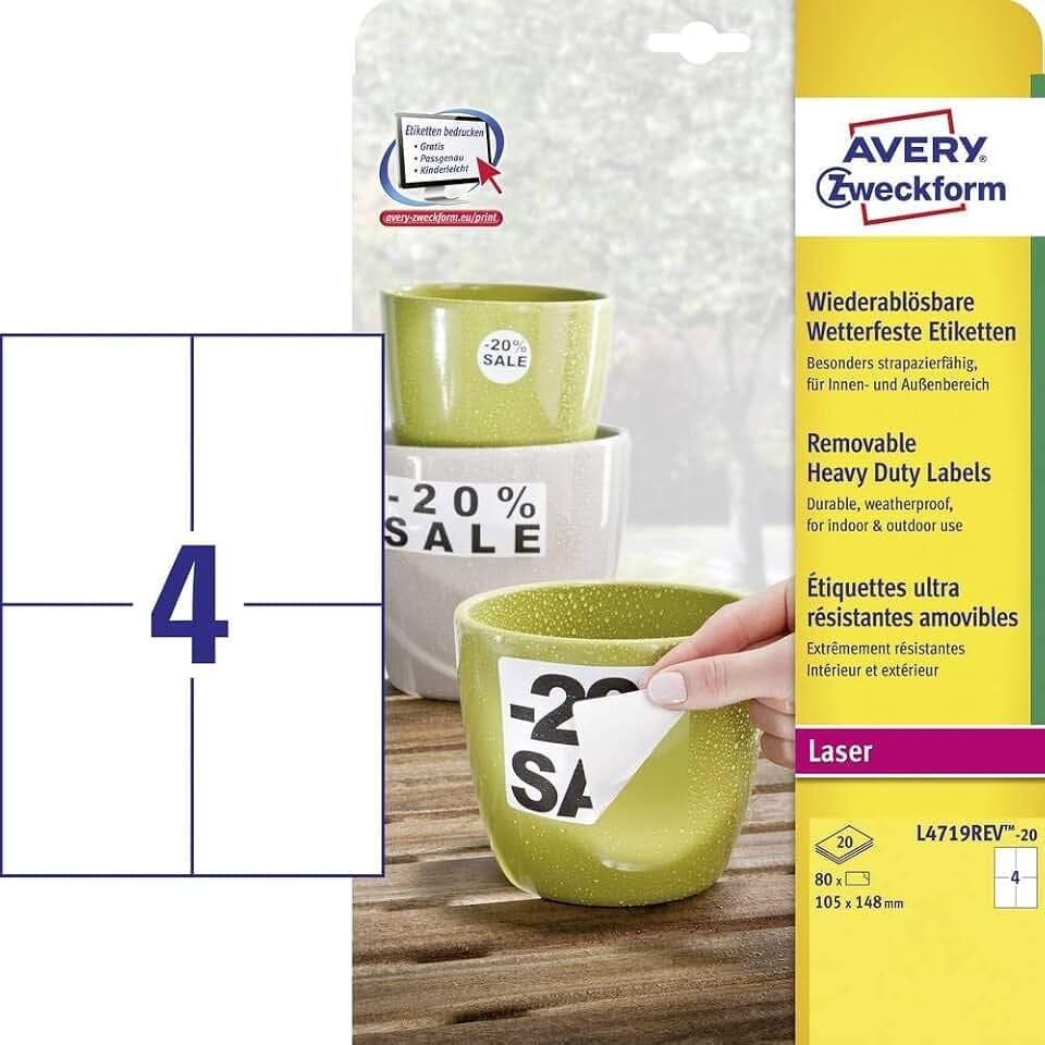 AVERY Zweckform L4719REV-20 Wetterfeste Folienetiketten (80 Aufkleber, 105x148mm auf A4, selbstklebend, wasserfest, wiederablösbar, strapazierfähig, bedruckbare Outdoor Klebefolie) 20 Blatt, weiß
