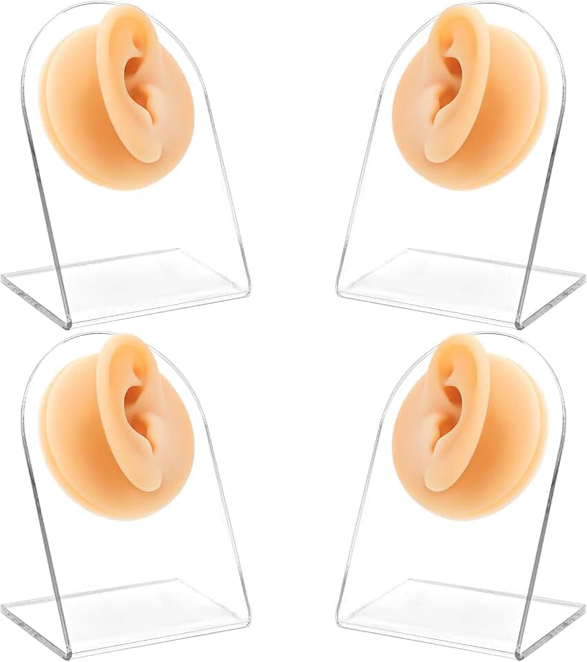 ZENFUN 4 Pack Soft Silicone Ear Model for Piercing Practice, Left and Right Flexible Fake Ear with Acrylic Stand, Realistic Ear for Earring Display, Acupuncture Teaching Tool
