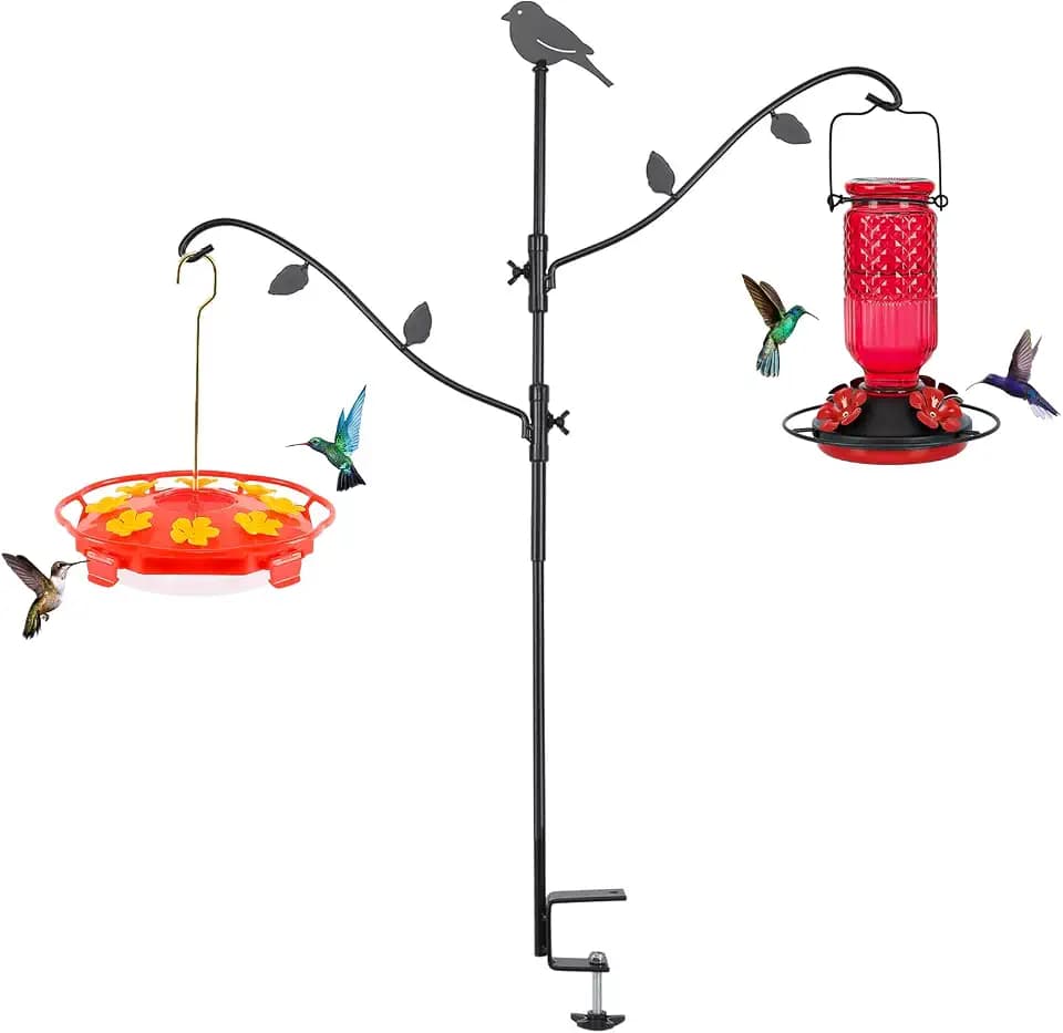 FEED GARDEN Deck Bird Feeder Pole, 42 Inches, Multiple Hooks, Adjustable, Detachable, Heavy Duty Steel, Stable, Black, BirdFeeders Porch for Deck Kit for Outside Bird Feeders and Plant Hangers