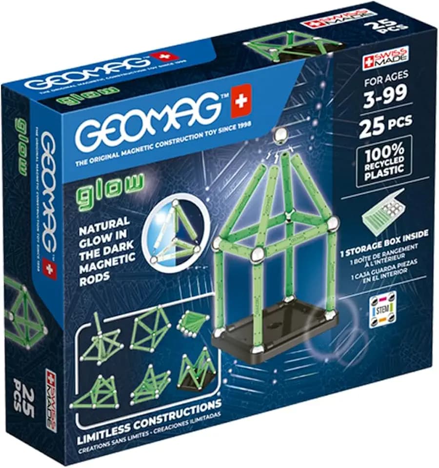 Geomag, Glow Recycled, Magnetische Konstruktionen mit Leuchteffekt, Magnetstäbe, die im Dunkeln Leuchten, 25-teilige Packung, 100% Recycling-Kunststoff