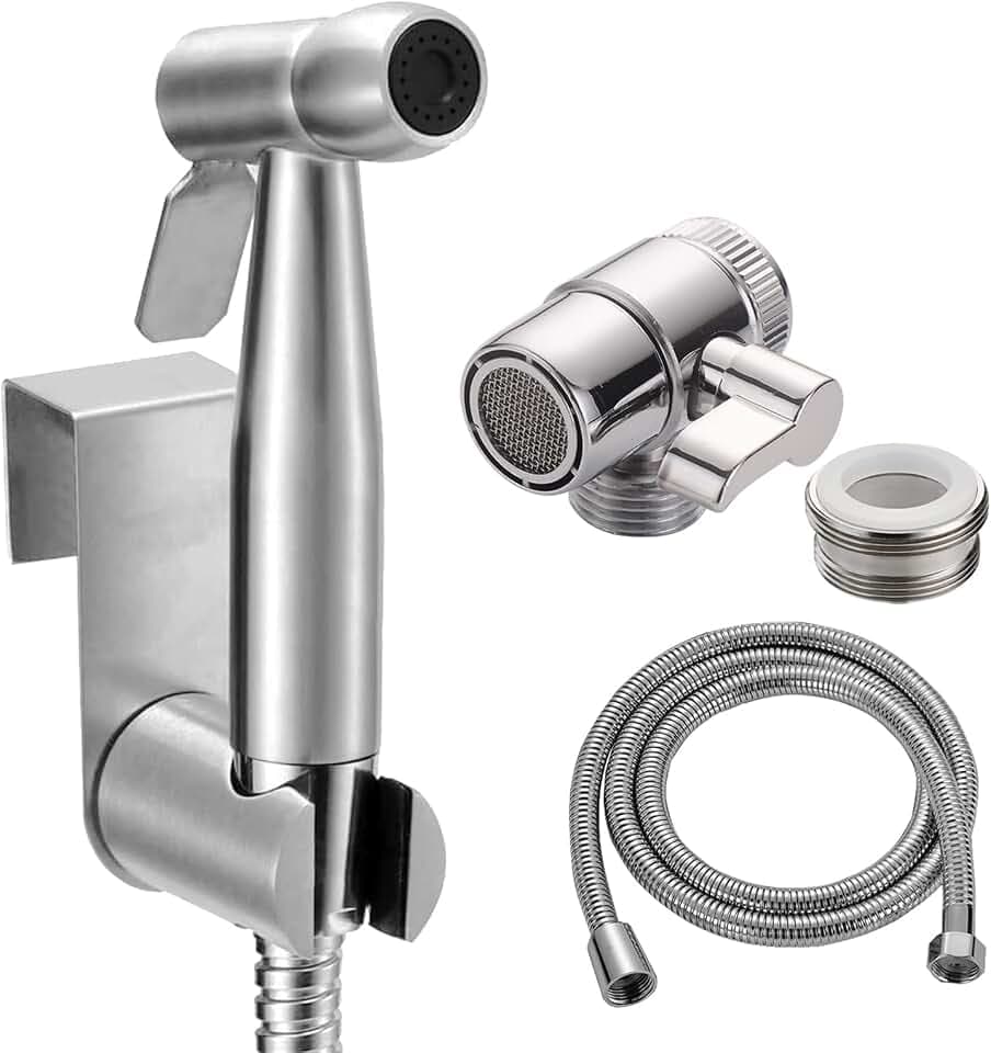 Bidet Edelstahl Handbrause, Muslimische Edelstahldusche und Baby Stoffwindelsprüh Kit mit M22 x M24 Wasserhähn Duschschalter Diverter Ventil, Schlauch und Hakentoilette Oder Wandhalterung