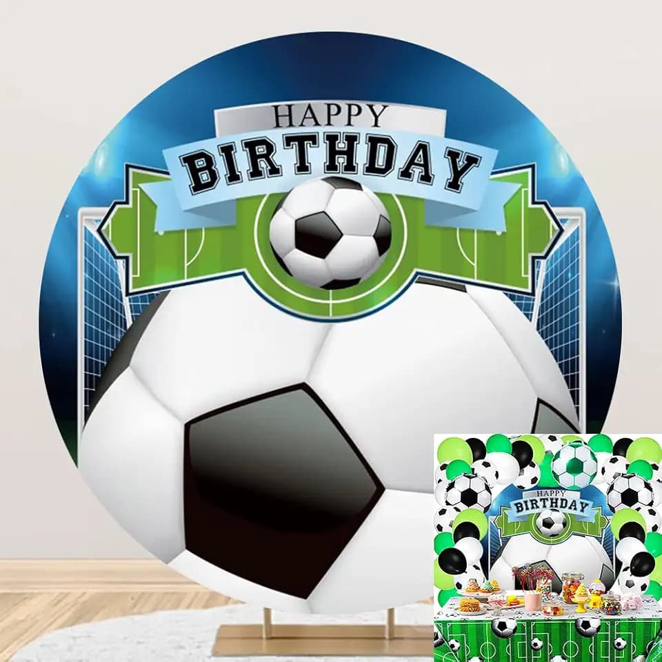 7.2x7.2ft Football Theme Happy Birthday Round Backdrop Cover Polyester Boy Soccer Birthday Sports Party Photography Backdrop Newborn Kids 1st Birthday Party Portrait Decor Supplies Studio Props