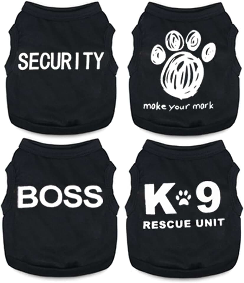 4-Pack Dog Clothes for Small Dogs Boy Male Summer Black Letter Security Puppy Shirts Cute Cool Breathable Clothes for Chihuahua Yorkie Shih Tzu Dachshund Pet Cat Outfit Clothing, Medium