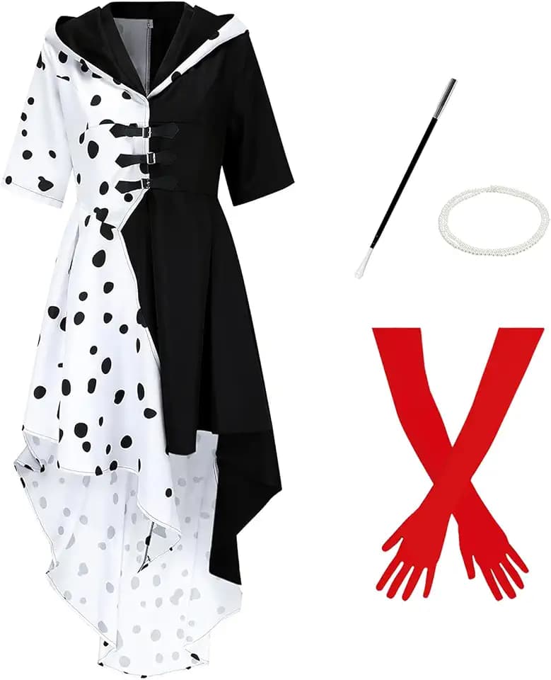 Halloween Kostüm Damen für Cruella Devil : Faschingskostüme Weißes Kleid - Karneval Fancy Dress