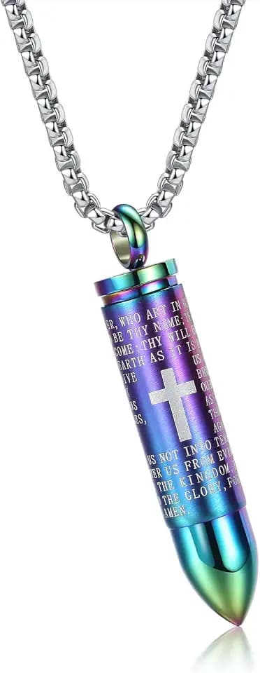 Mens Urn Necklace For Ashes Bullet Shape Cross Cremation Urn Jewelry