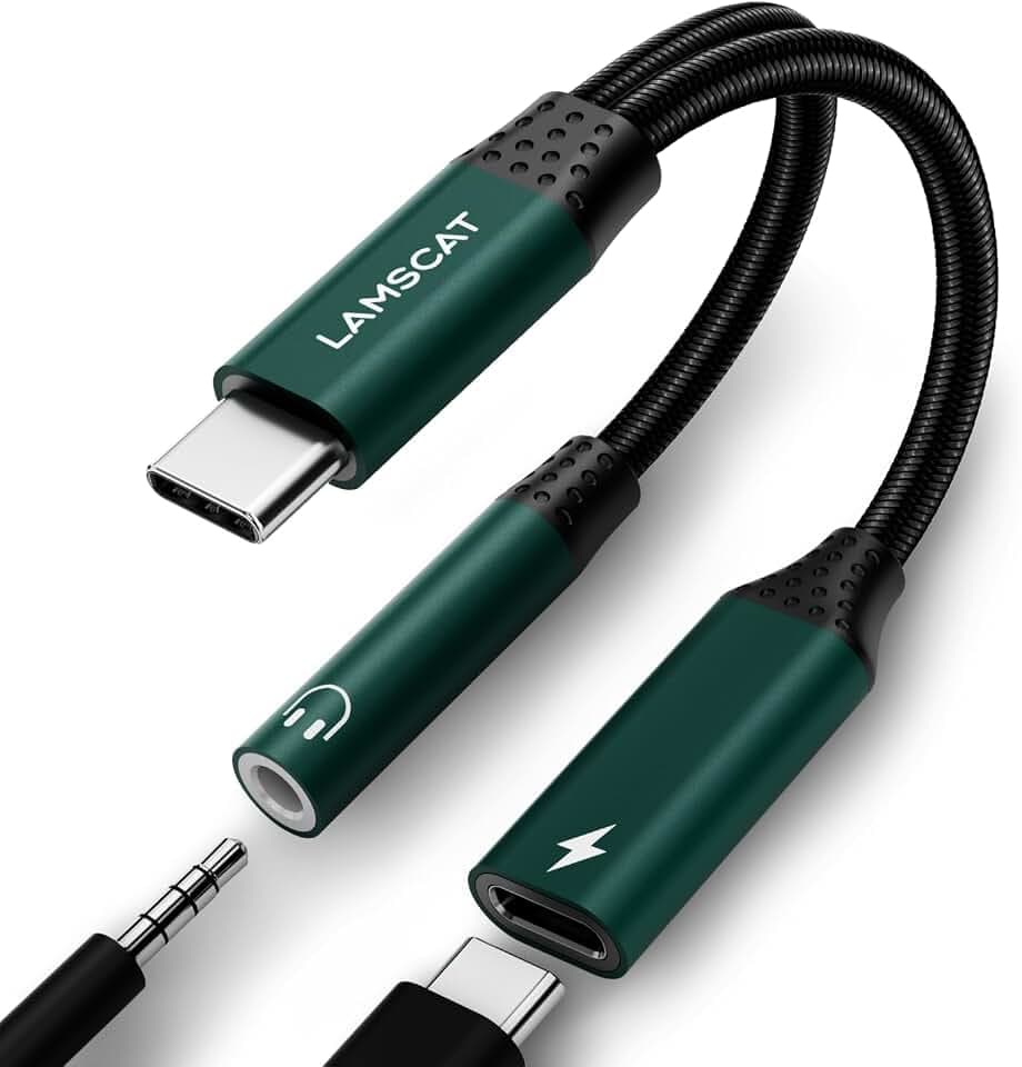 USB C Kopfhörer Adapter und Laden, 2 in 1 Typ C auf 3.5mm Klinke Adapter Unterstützt 60W Schnellladung für Samsung S24/S23/S21/S20+ (grün)