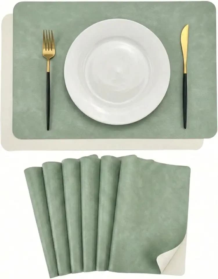 Faux Leather Placemats Set of 6, Light Green & Beige