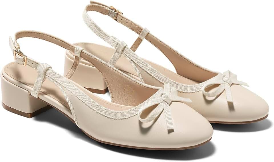Coutgo Womens Chunky Low Heels Slingback Ballet Bow Pumps Closed Toe Wedding Dress Shoes