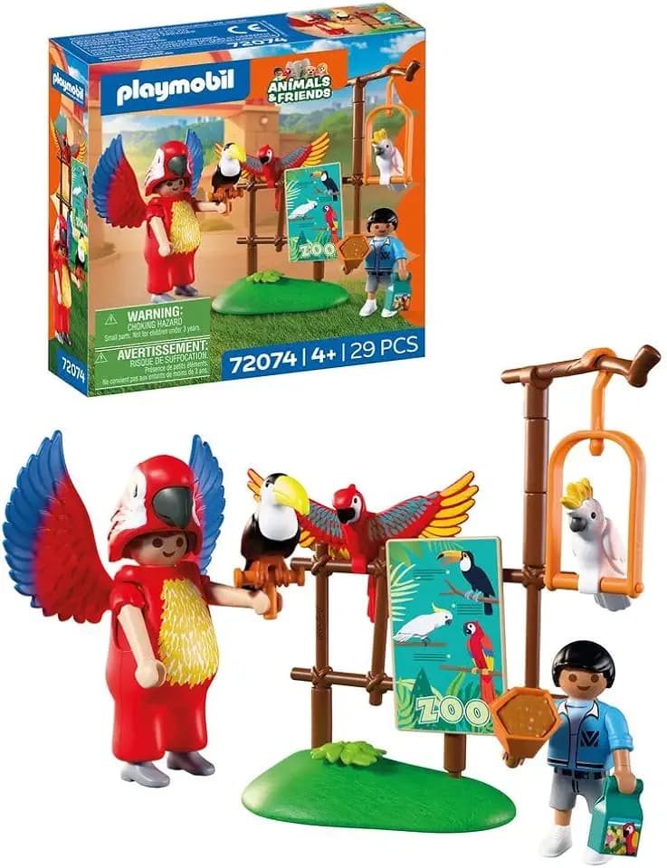 PLAYMOBIL | Animals & Friends | Zoo Maskottchen | Mann mit Papagei-Kostüm und 3 Tropenvögeln | Kinder Spielzeug ab 4 Jahren | 72074