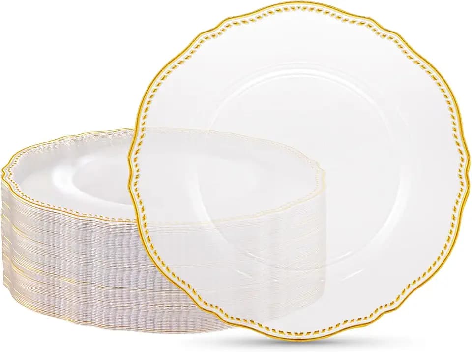 Hioasis 60 Pcs Clear Gold Dinner Plates for Wedding