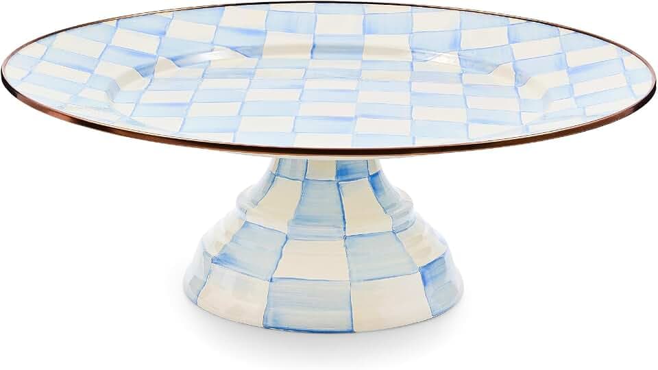 MACKENZIE-CHILDS Pedestal Platter, Large, Light-Blue-and-White Sky Check
