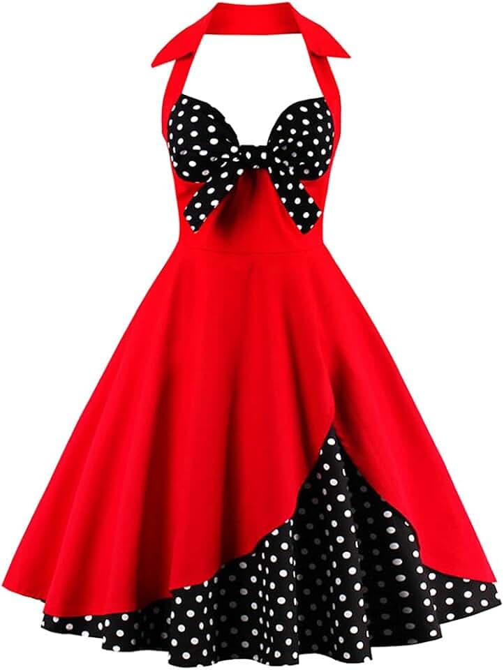 IWEMEK Damen Frauen Halter Vintage 1950er Rockabilly Retro Kleider Elegantes Sommer Neckholder Knielang Petticoat Abendekleider Partýkleider Cocktailkleider Faltenrock Rot Polka Dots