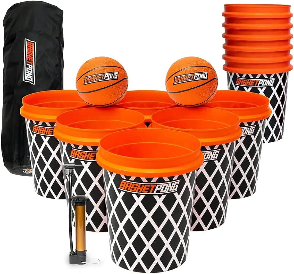 BasketPong Giant Yard Pong and Basketball Game with 12 Buckets, 2 Balls, Carrying Bag, and Air Pump – Outdoor Game for Lawn, Backyard, Beach, and Parties