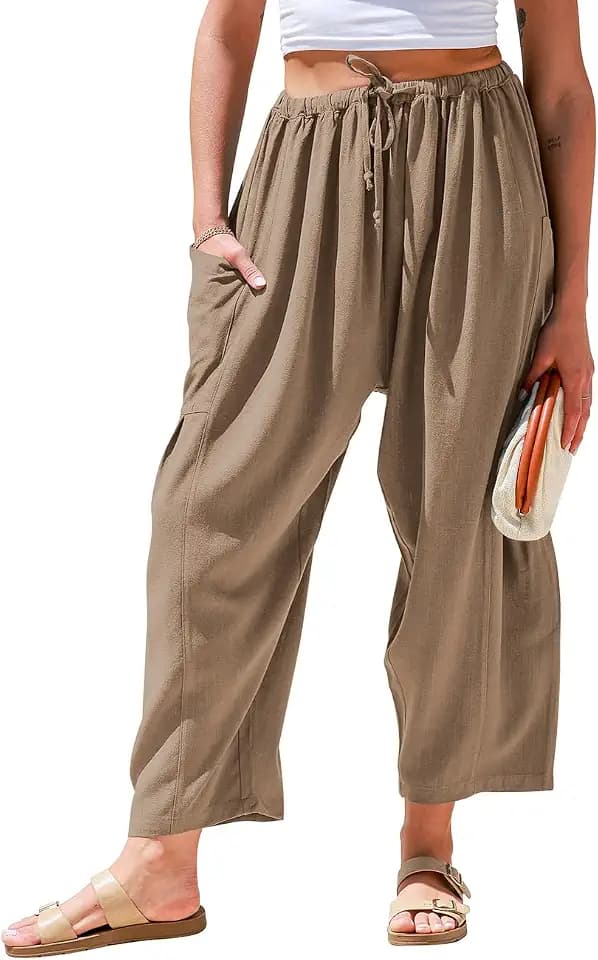 TARSE Womens Linen Wide Leg Pants Casual Palazzo Harem Pants with Pockets