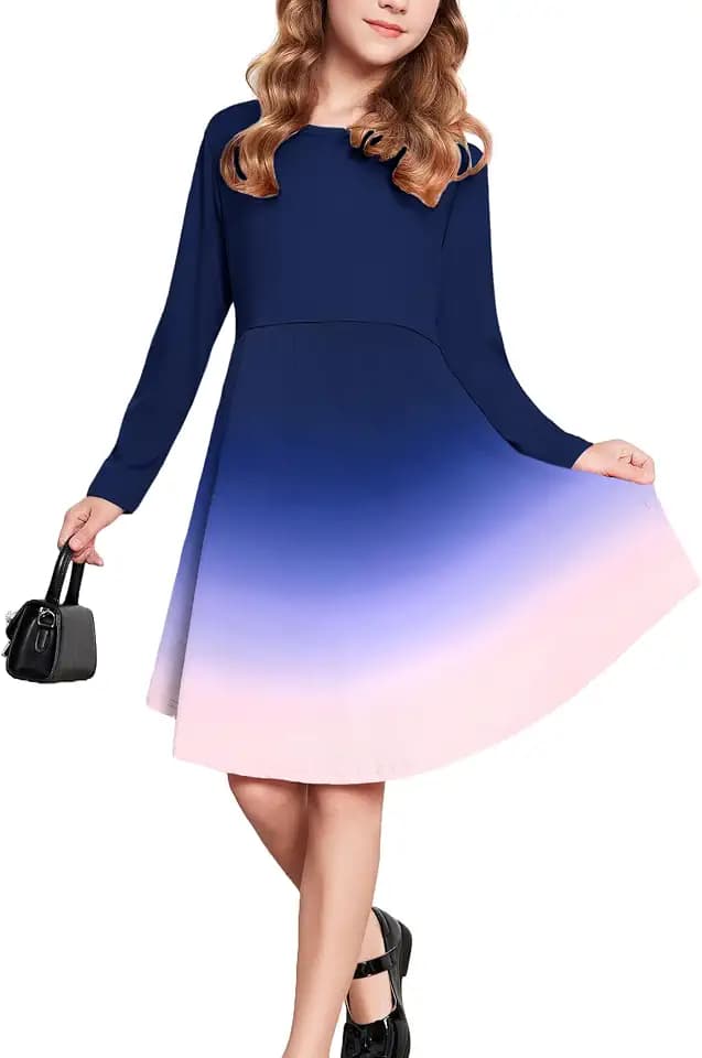 Parabler Kleider Mädchen BaumwollKleid Kinder Frühling Langarm Kleid A-Linie Freizeit Rundhals Kleider Festlich Elegantes Kleid mit Tasche Unregelmäßigem Saum, 5-15 Jahre