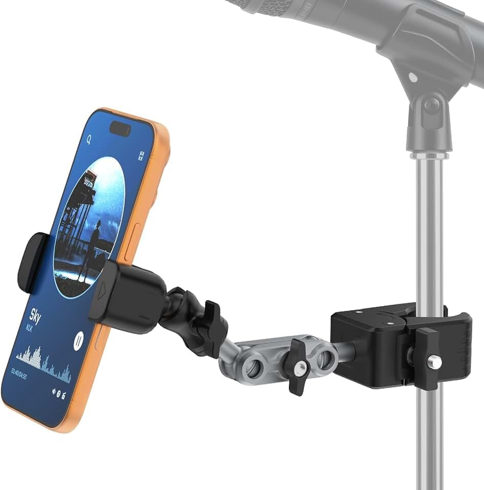 Mic Stand Phone Holder,2-Stage Magic Arm Super Clamp Phone Clip for Microphone Stand, Flexible Adjustable iPhone Music Stands Mount for iPhone17 16 15 14 13 12 11 Galaxy Nexus LG All Smartphones