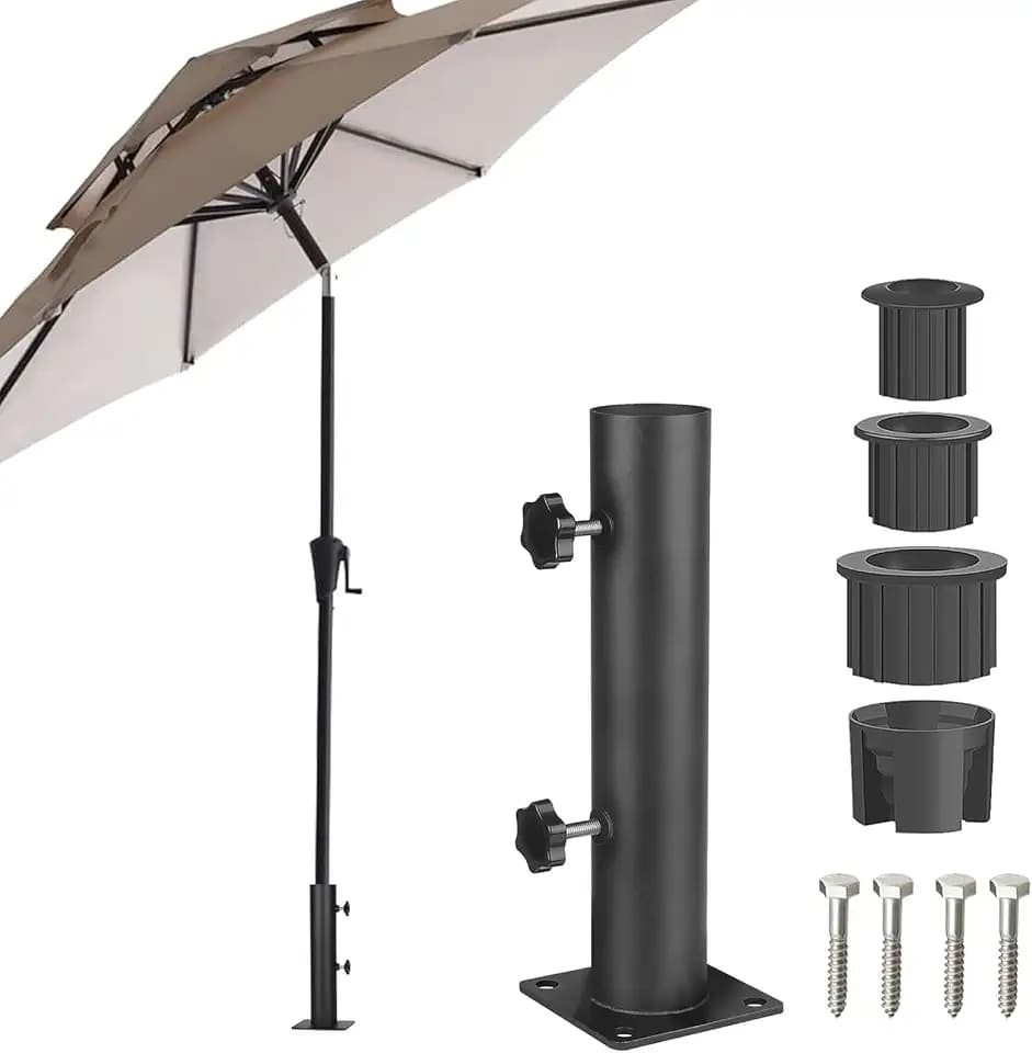 Umbrella Holder for Deck,Thickened Steel Patio Umbrella Holder with Adjustable Fit,Heavy-Duty Deck Base with 4 Bolt Holes & Drainage,110LBS Rustproof for Garden Beach Café