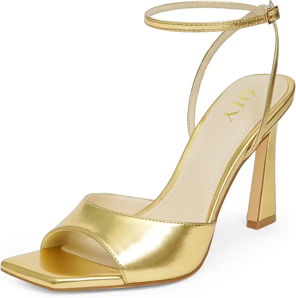 QIY Strappy Heels for Women Heeled Sandals Square Toe Heel Ankle Strap Stiletto Mesh High Heels Dress Shoes