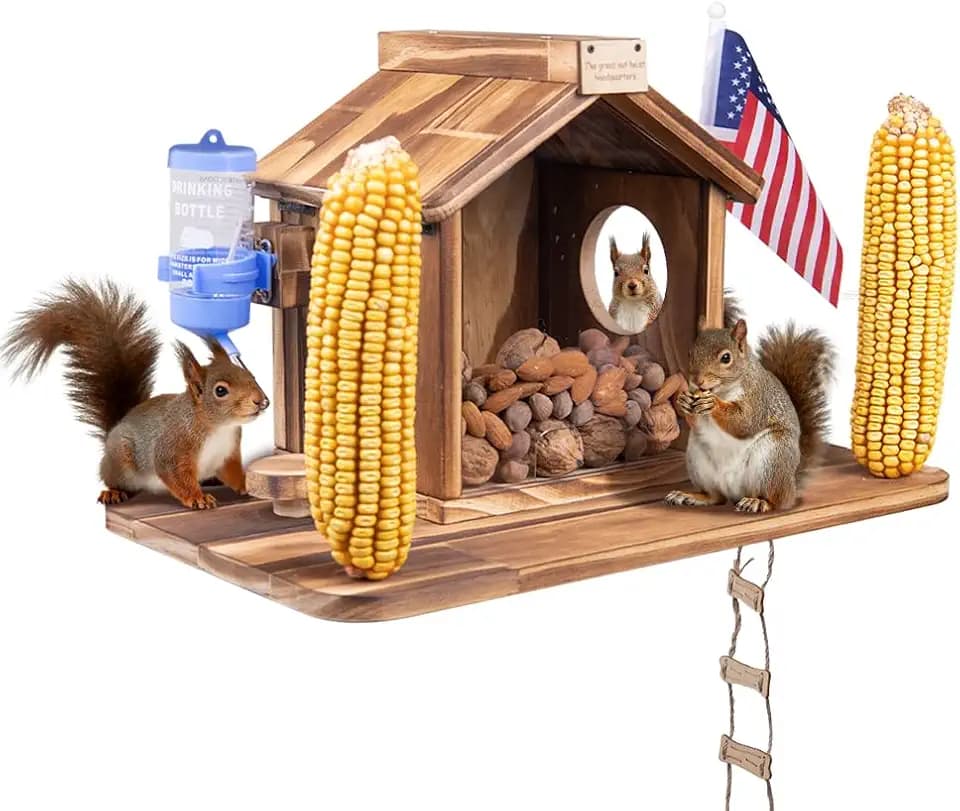 Squirrel Feeder for Outside,Durable Wooden Squirrels Feeder Platform with Squirrel Water Feeder and Stools,Squirrel Houses Picnic Table with Flag&Wooden Ladder,Fun Squirrels Houses for Garden Yard