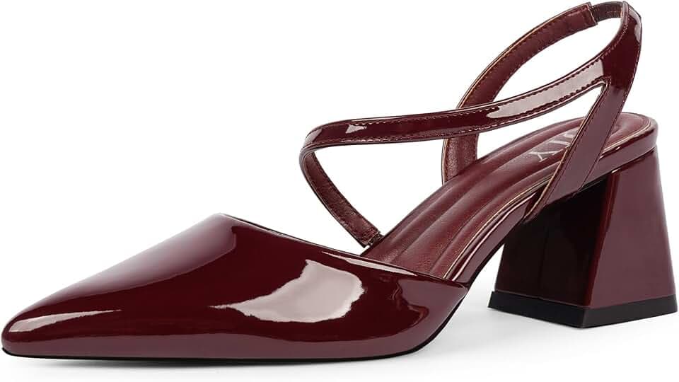 QIY Closed Pointed Toe Heels for Women Slingback Chunky Mid Heel Pumps